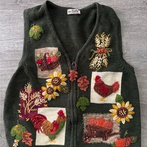 Tiara international Olive Knit embroidered patchwork Vest